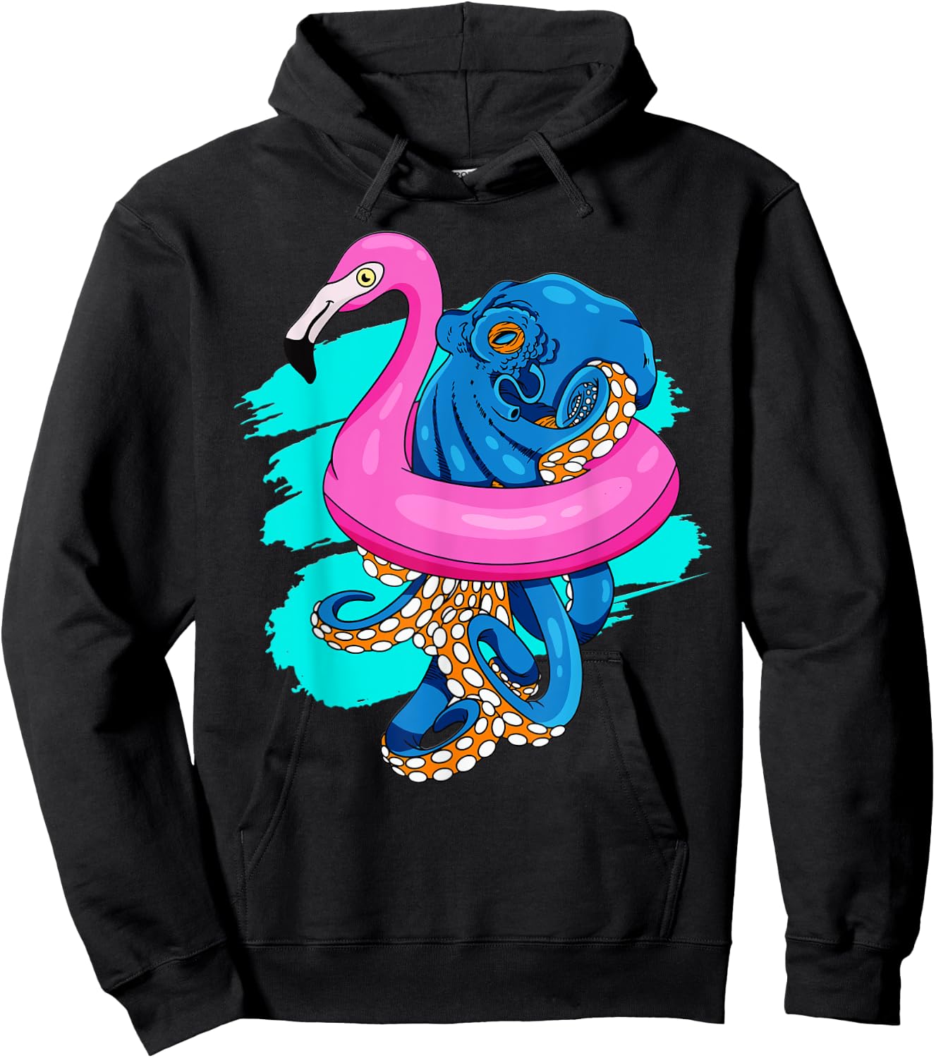 Blue Octopus In Pink Flamingo Swimming Pool Fun Octopus Hoodie - Hoodie | Black