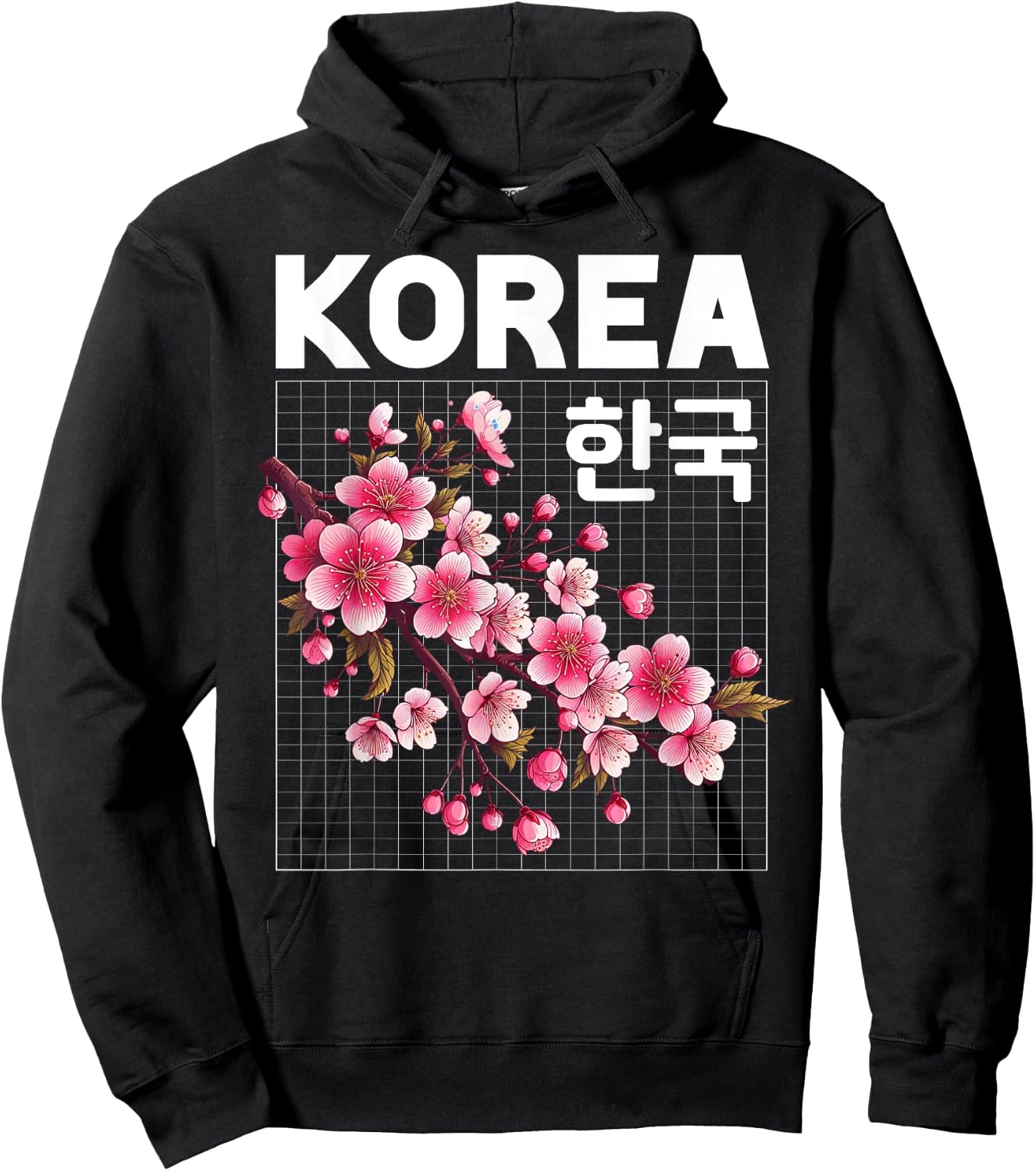 Korea Cherry Blossom Flowers Hangul Letters Grid Aesthetic Hoodie - Hoodie | Black