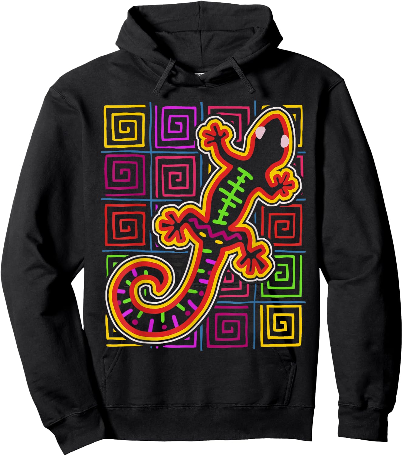 Gecko Lizard Mola Art by Panama Kuna Tribe Hoodie - Hoodie | Black