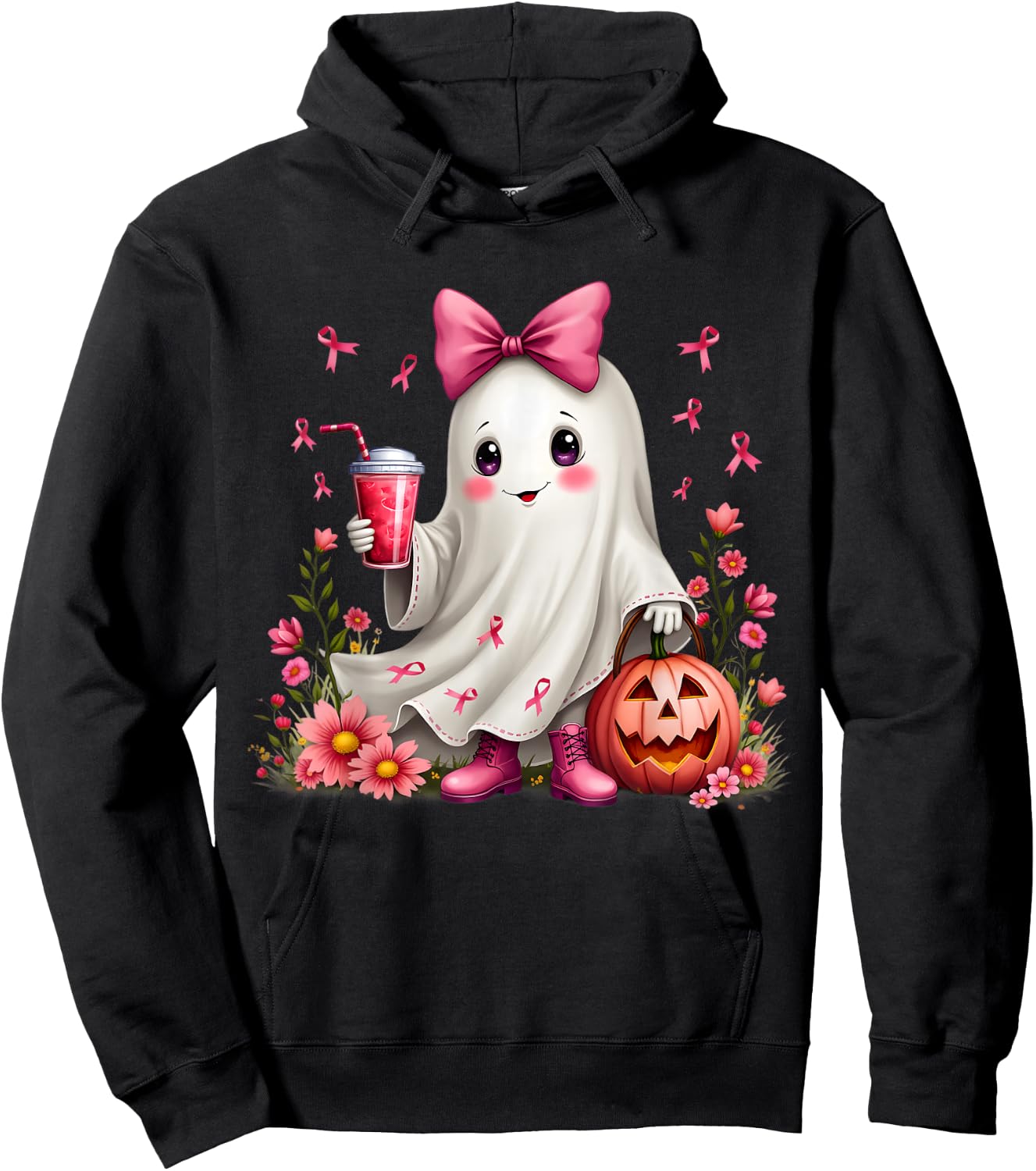 In October We Wear Pink Ghost Breast Cancer Awareness Hoodie - Hoodie | Black