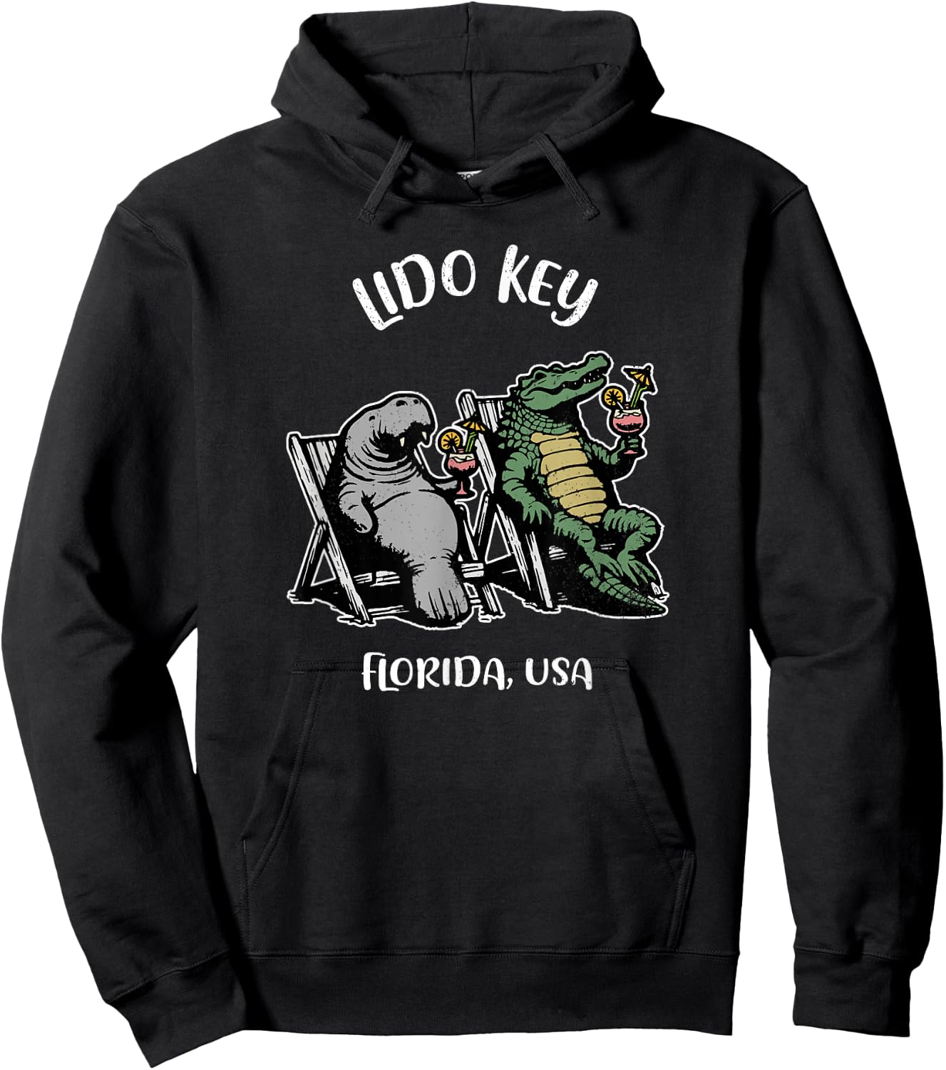 Lido Key Florida USA Funny Manatee and Alligator Design Hoodie - Hoodie | Black