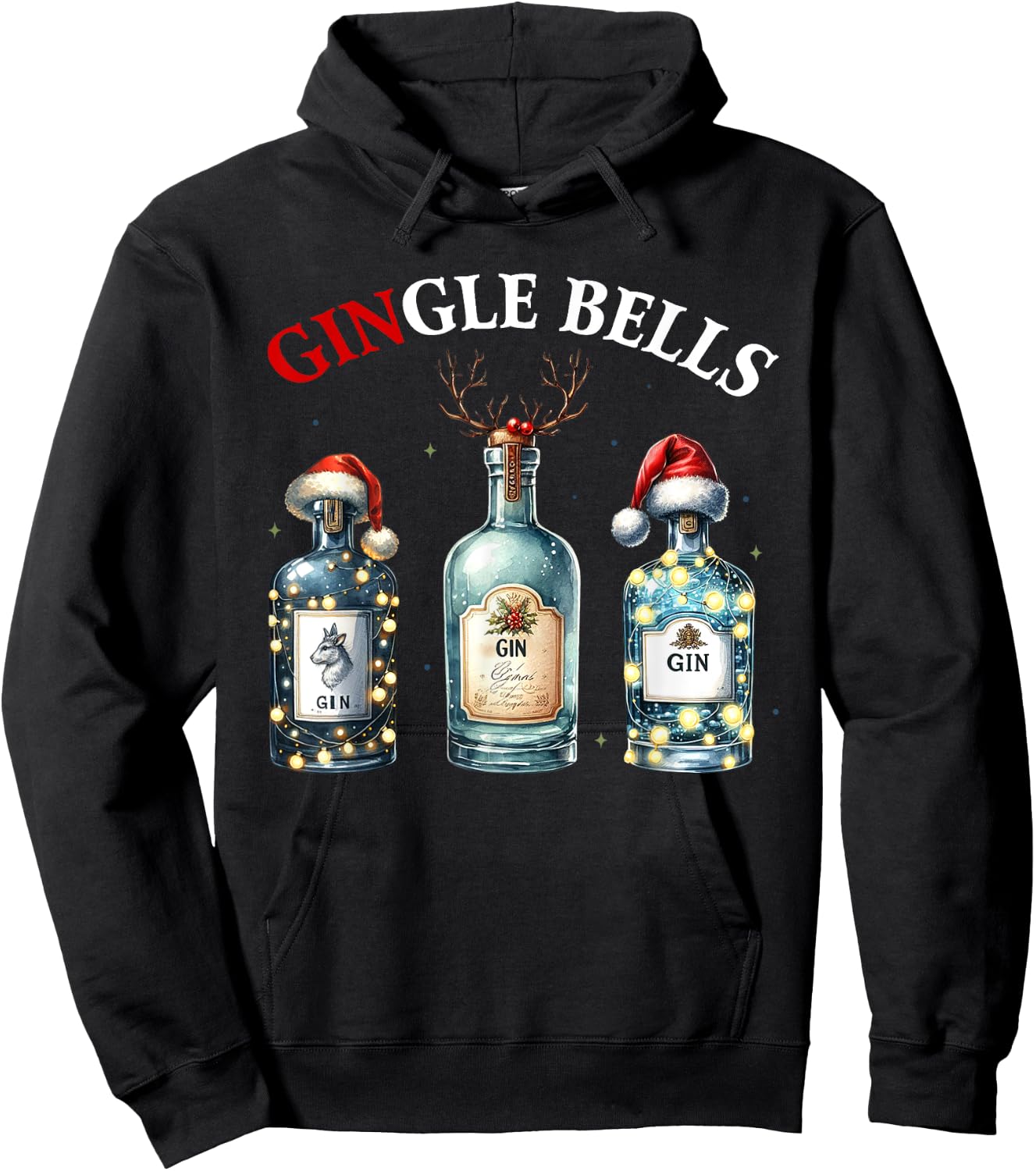 Gingle Bells Gin Christmas Lovers Reindeer Antlers Gin Drink Hoodie - Hoodie | Black