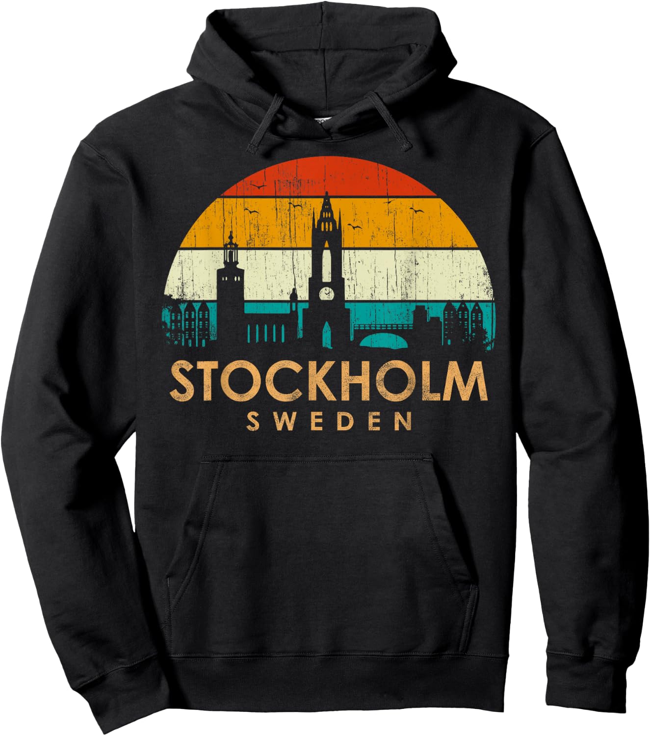Vintage Retro Style Landscape Sun Skyline Stockholm Sweden Hoodie - Hoodie | Black