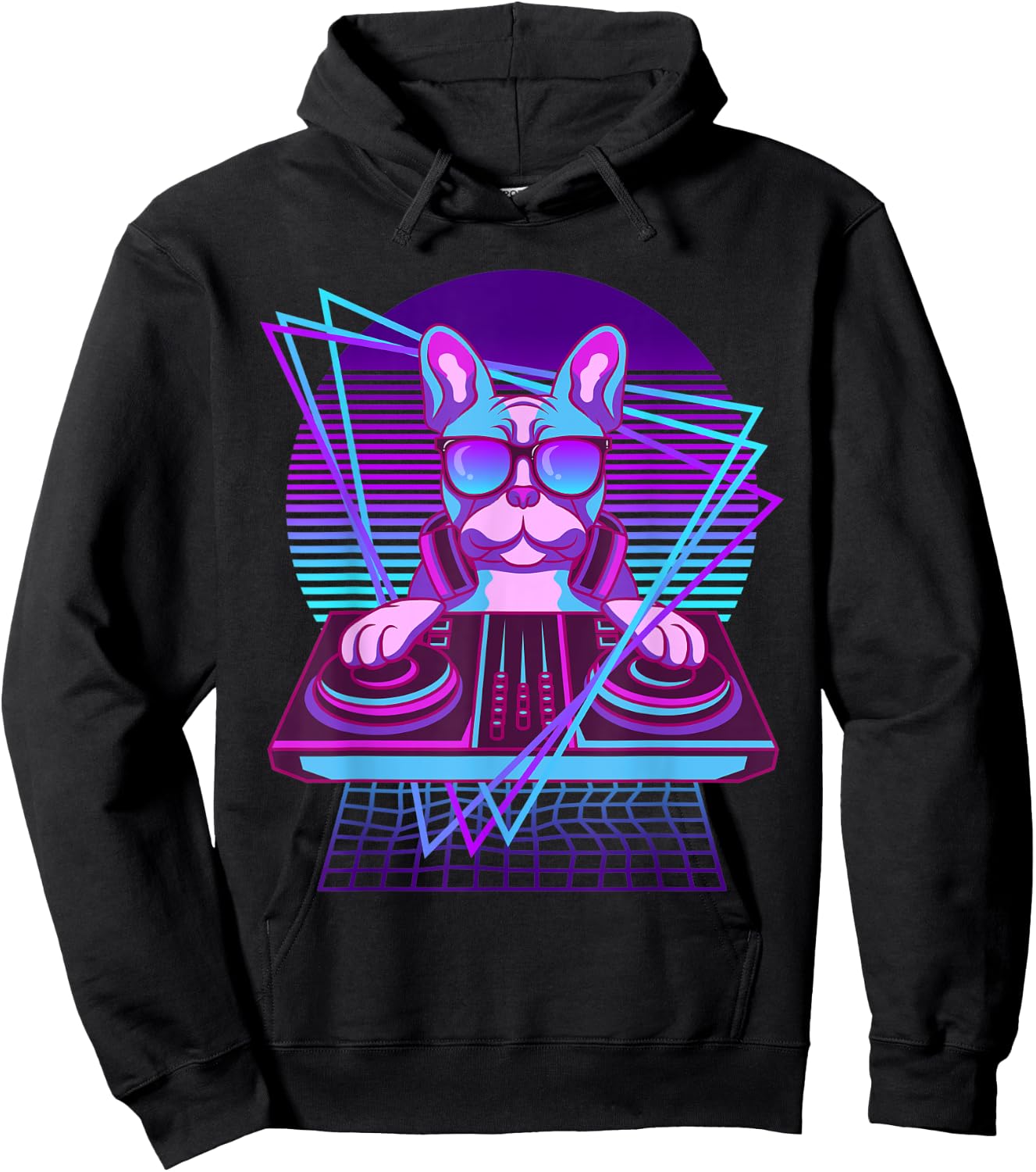 Vaporwave Bulldog DJ Turntable Sunglass French Bulldog Men Women Hoodie - Hoodie | Black