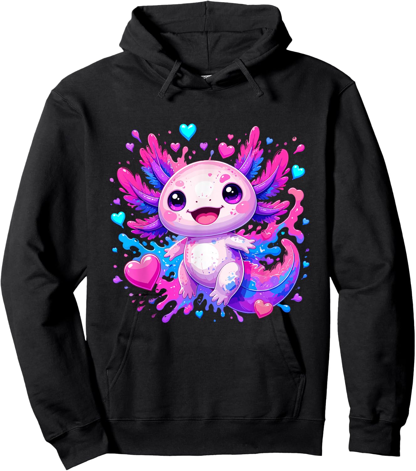 Cute Kawaii Axolotl with Colorful Hearts Splash Hoodie - Hoodie | Black