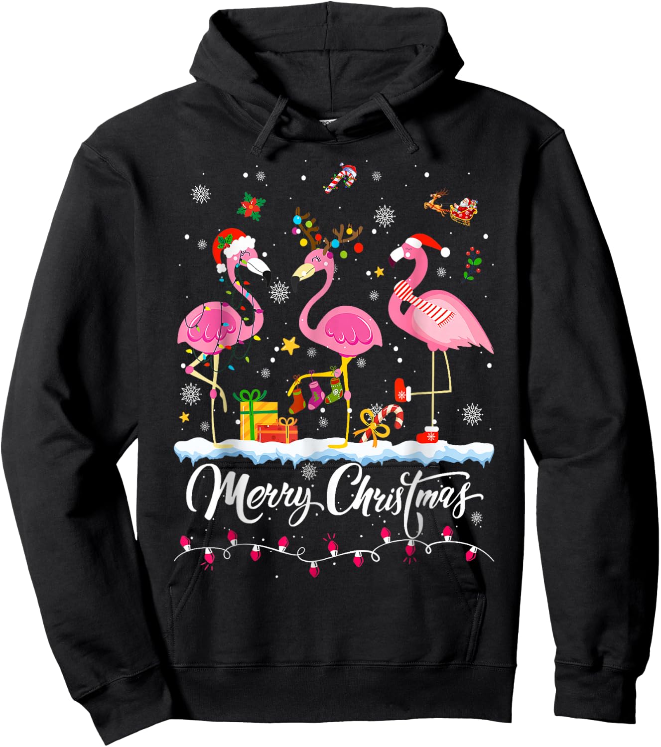 Merry Christmas Hat Santa Flamingo Light Christmas Snow Hoodie - Hoodie | Black