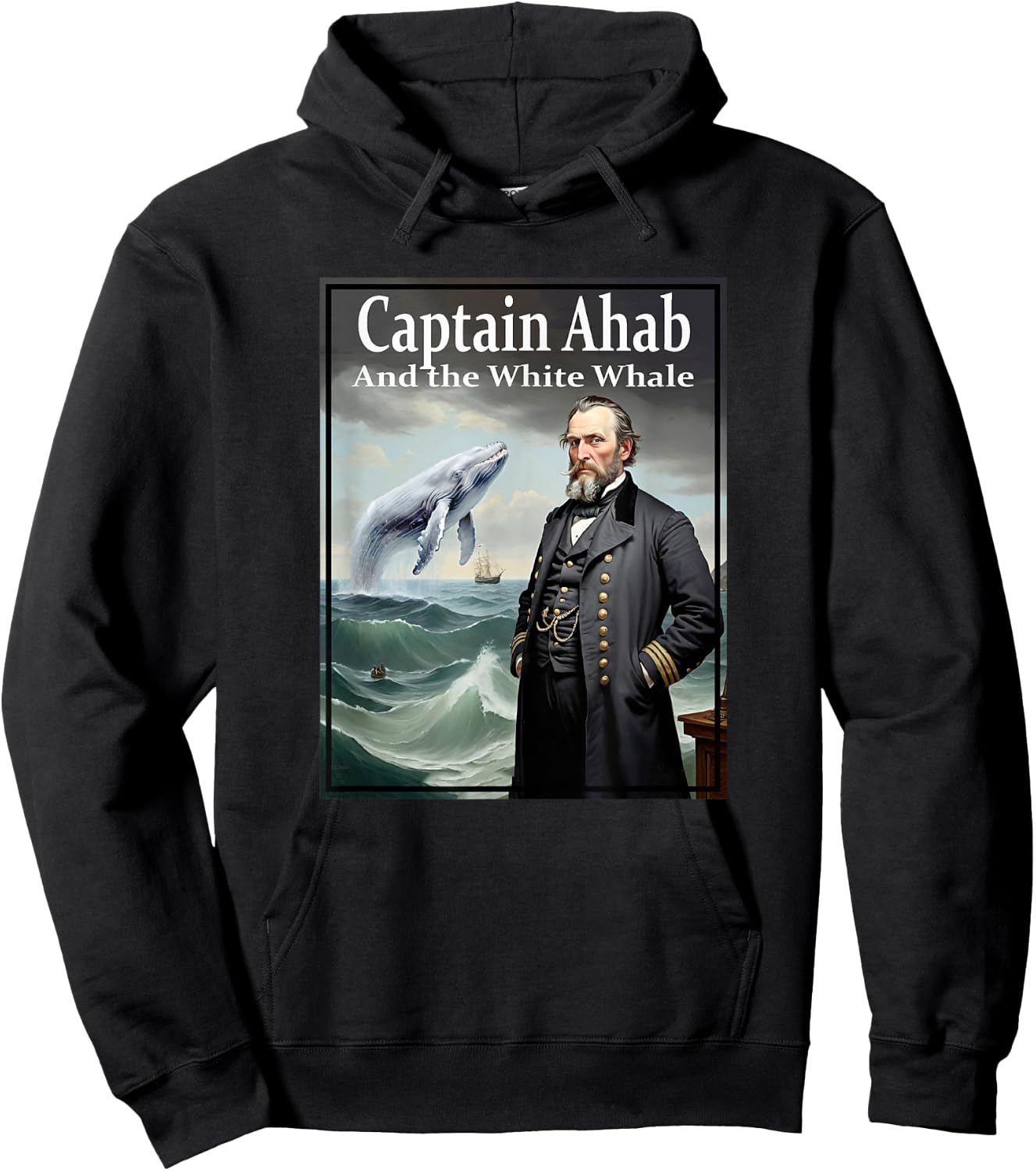 Illustration of Captain Ahab and the White Whale , Black, S Hoodie - Hoodie | Black
