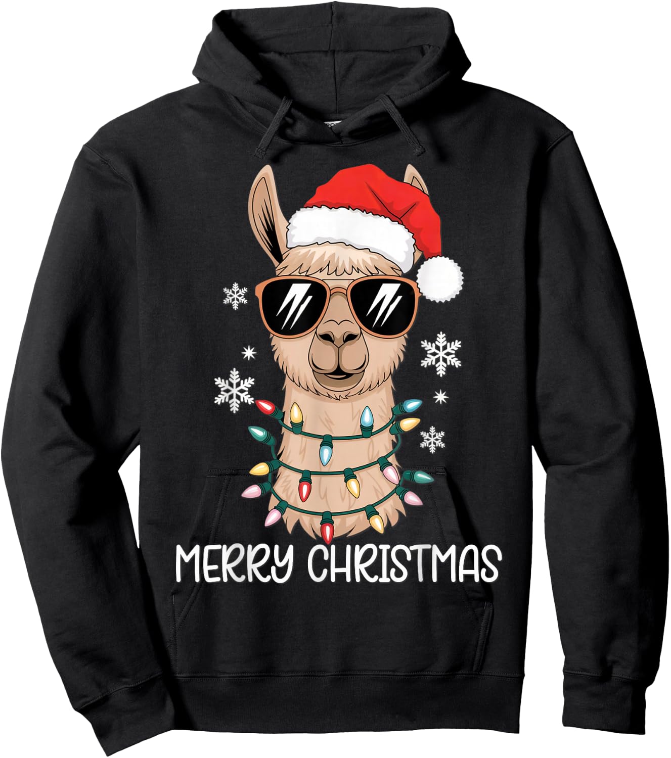 Merry Christmas Santa Llama with Holiday Lights Xmas Hoodie - Hoodie | Black