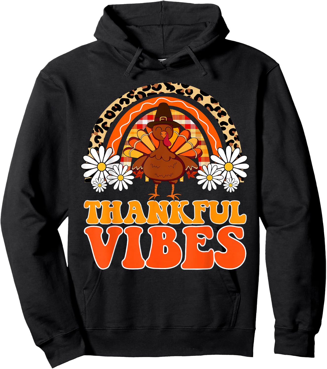 Thankful Vibes Turkey Rainbow Funny Retro Thanksgiving Women Hoodie - Hoodie | Black