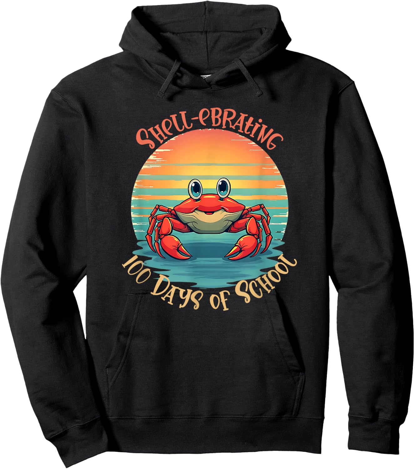 Retro 100 Days of School Crab Vintage Sunset Design Hoodie - Hoodie | Black