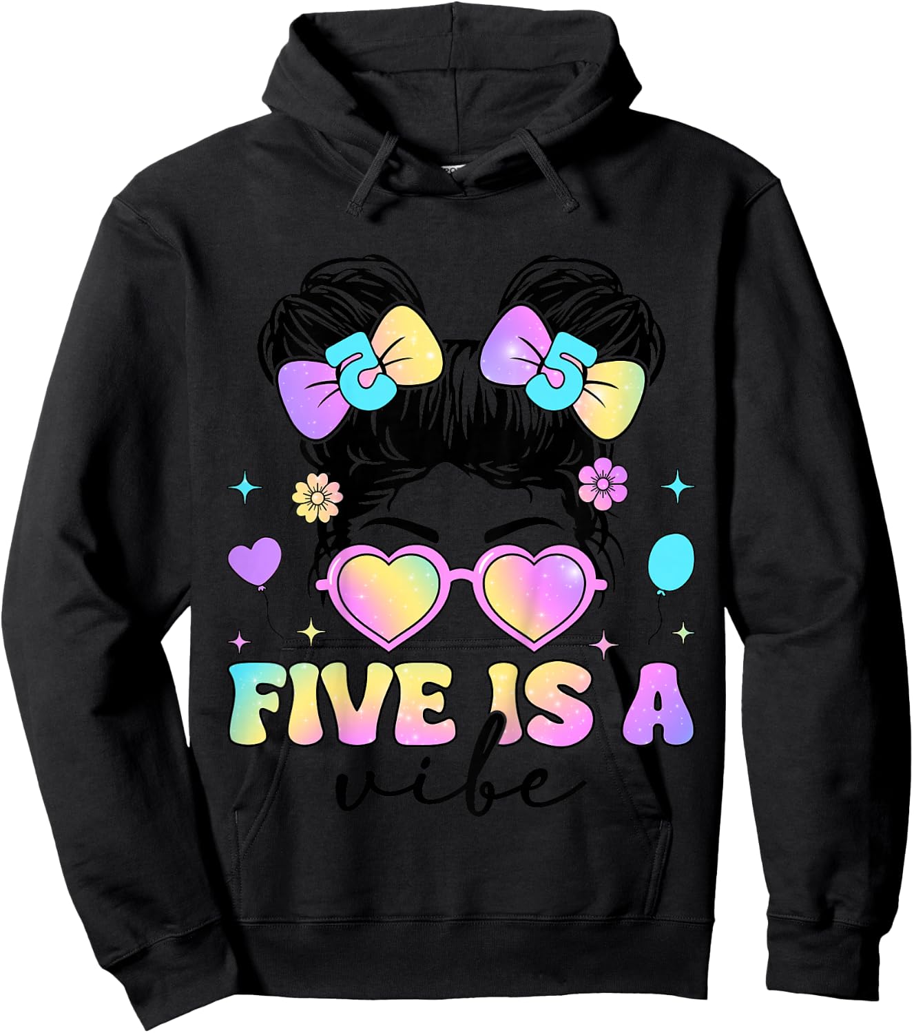 Five Is A Vibe 5th Birthday Messy Bun 5 Year Old Girl Hoodie - Hoodie | Black