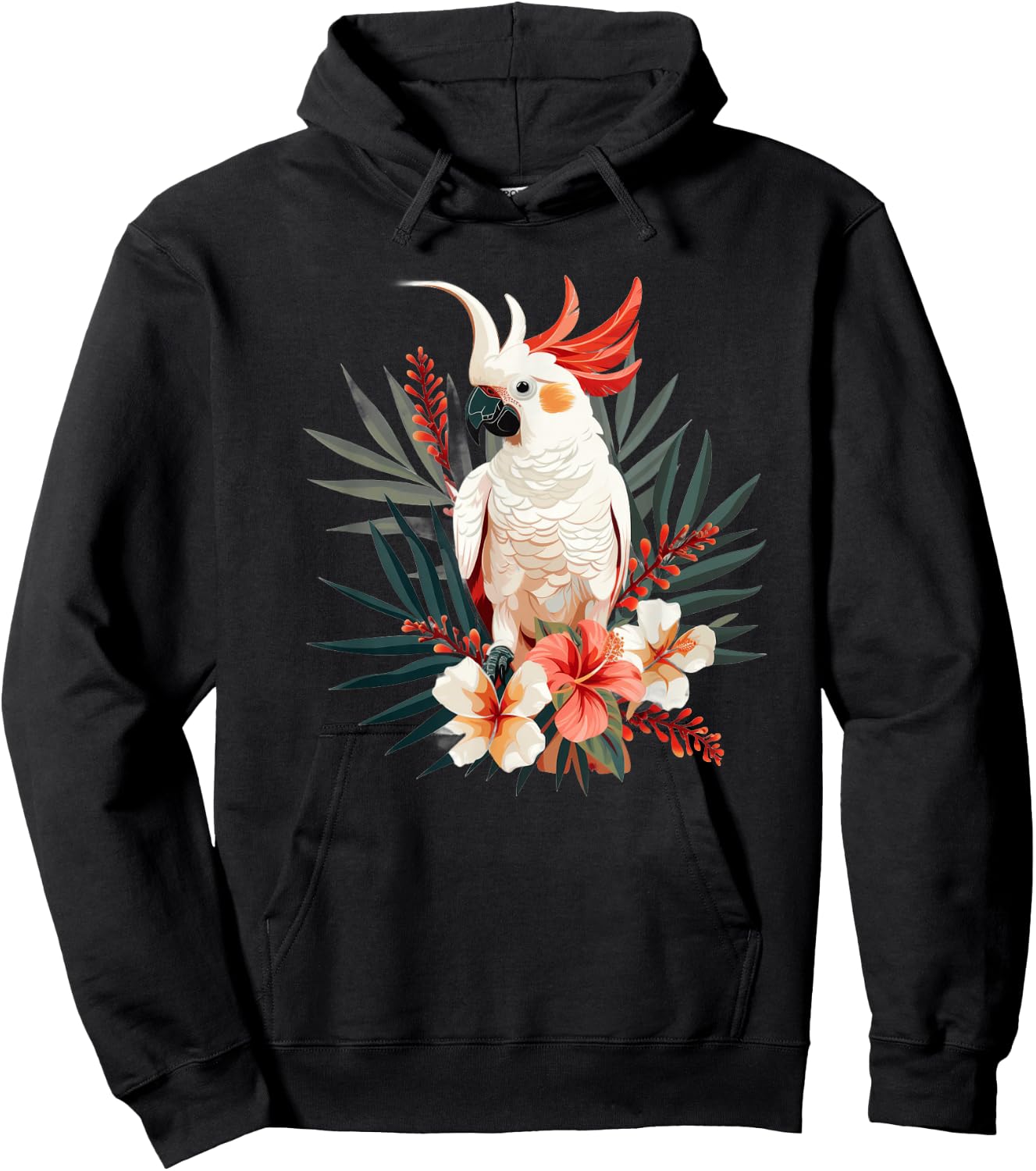 Moluccan Cockatoo With Tropical Flowers Hoodie - Hoodie | Black