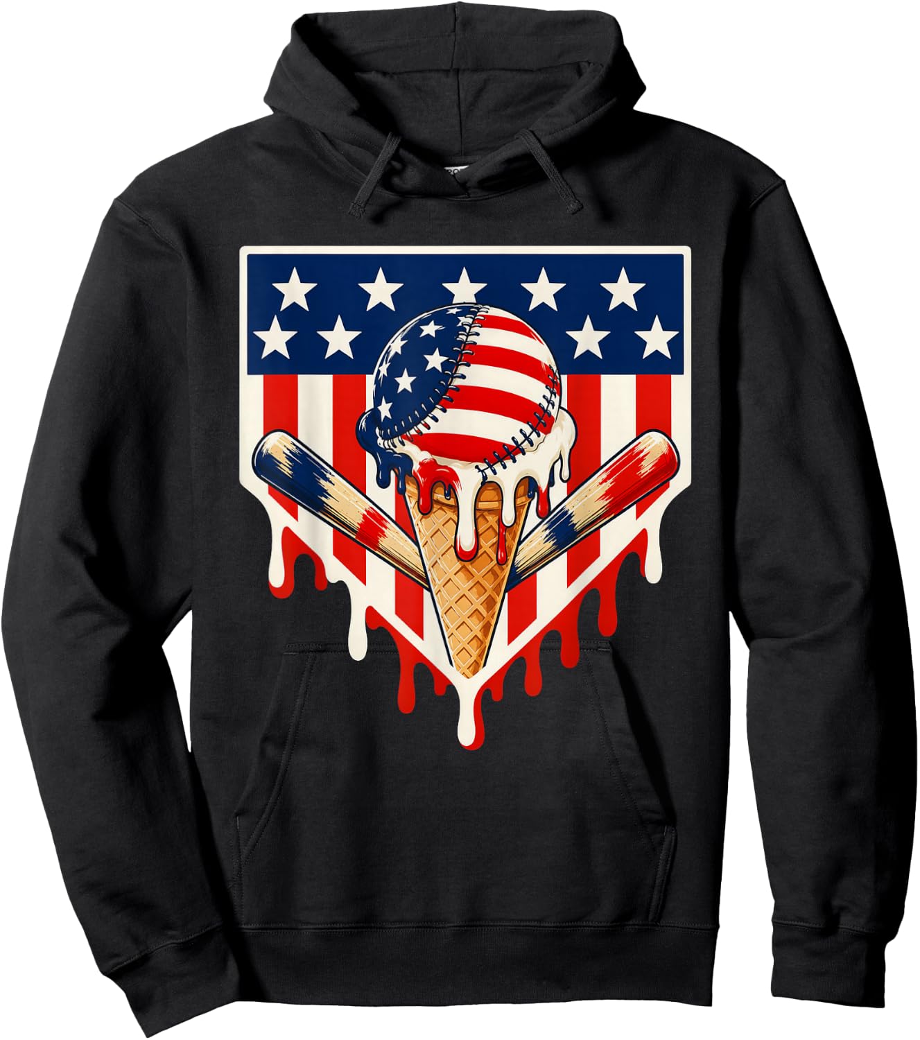 Baseball Ice Cream Drip Crossed Bats USA Flag 4th of July Hoodie - Hoodie | Black