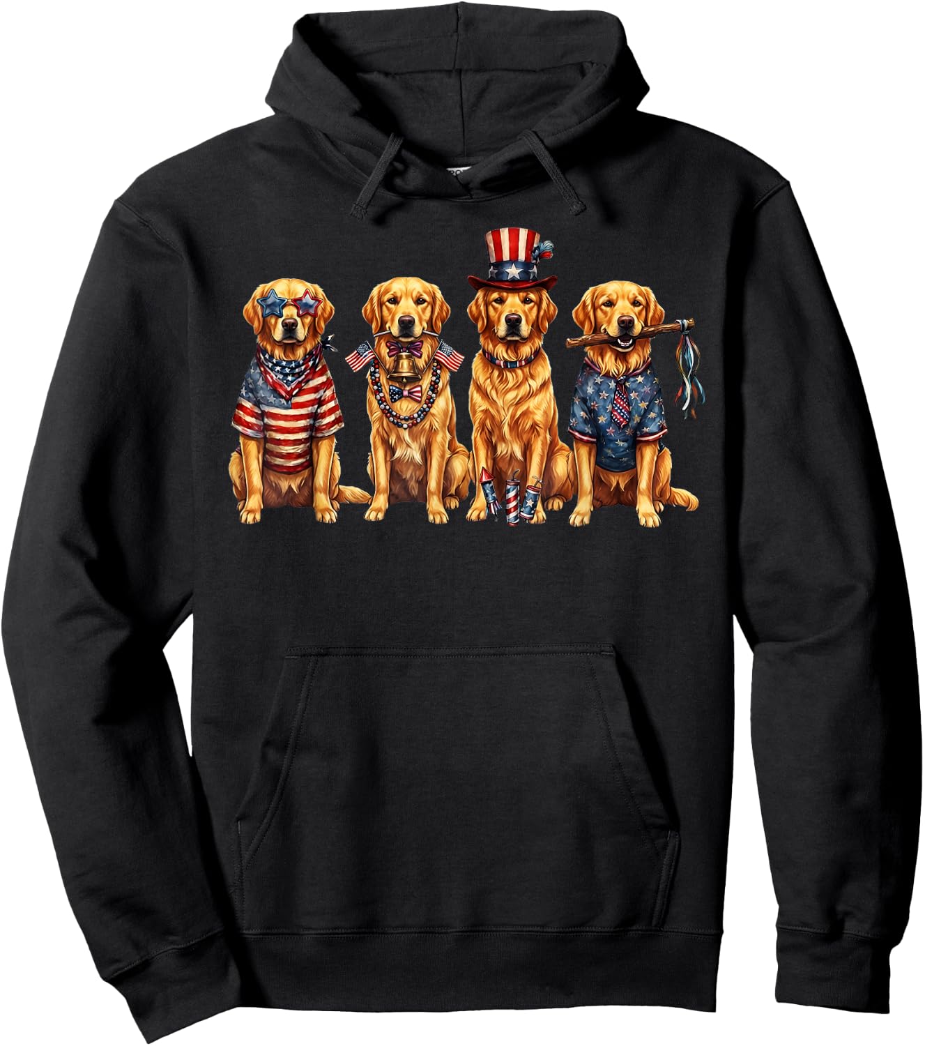 Four Golden Retriever Dogs Patriotic American Flag Hoodie - Hoodie | Black