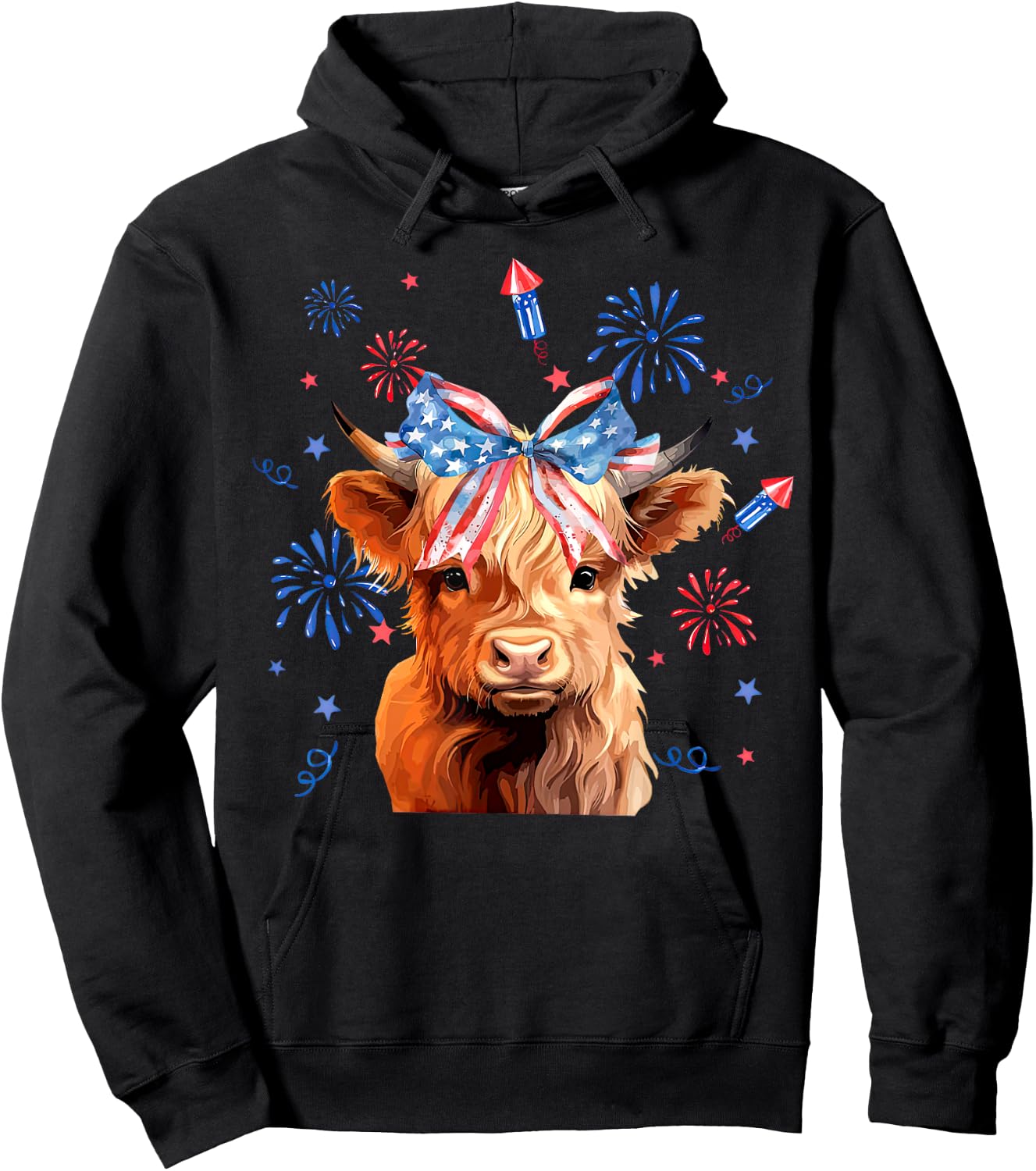 Coquette Highland Cow 4th Of July Patriotic Cute Animal Hoodie - Hoodie | Black