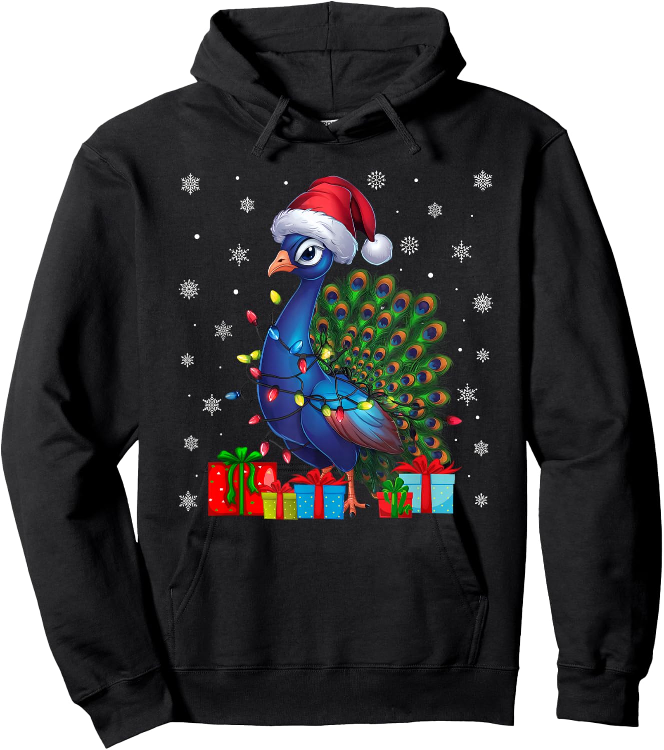 Peacock Ugly Xmas Lights Santa Hat Peacock Christmas Hoodie - Hoodie | Black