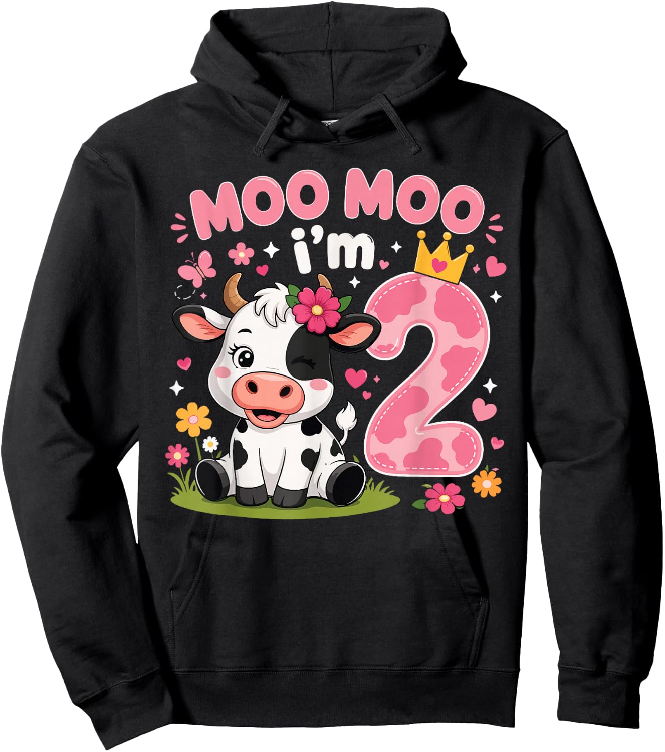 Moo Moo I'm Two 2nd Birthday Cute Cow Hoodie - Hoodie | Black