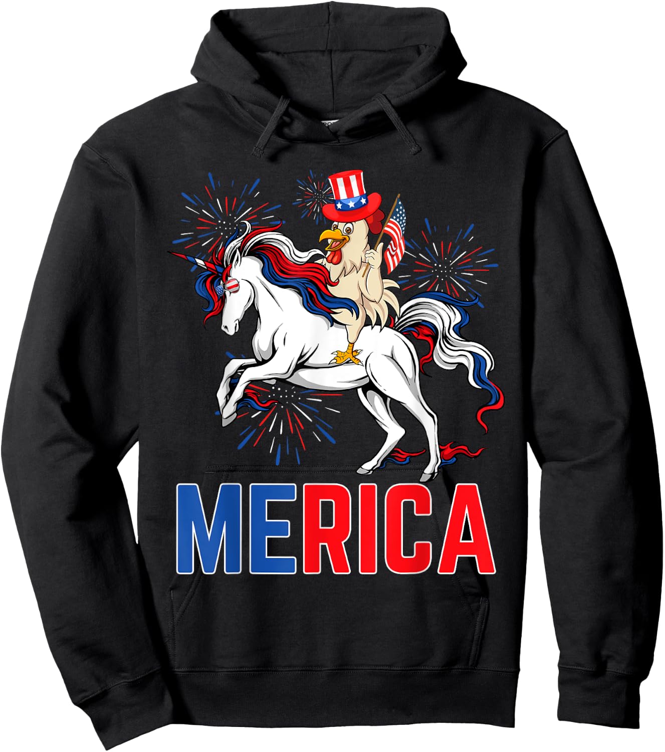 Funny Merica Chicken Unicorn American Flag Happy 4th Of July Hoodie - Hoodie | Black