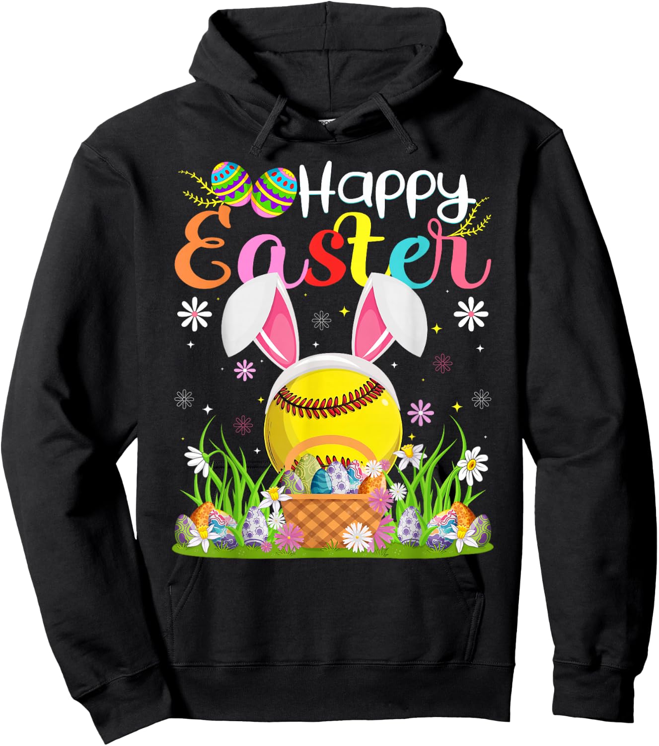 Softball Player Easter Egg Hunt Bunny Ear Softball Easter Hoodie - Hoodie | Black