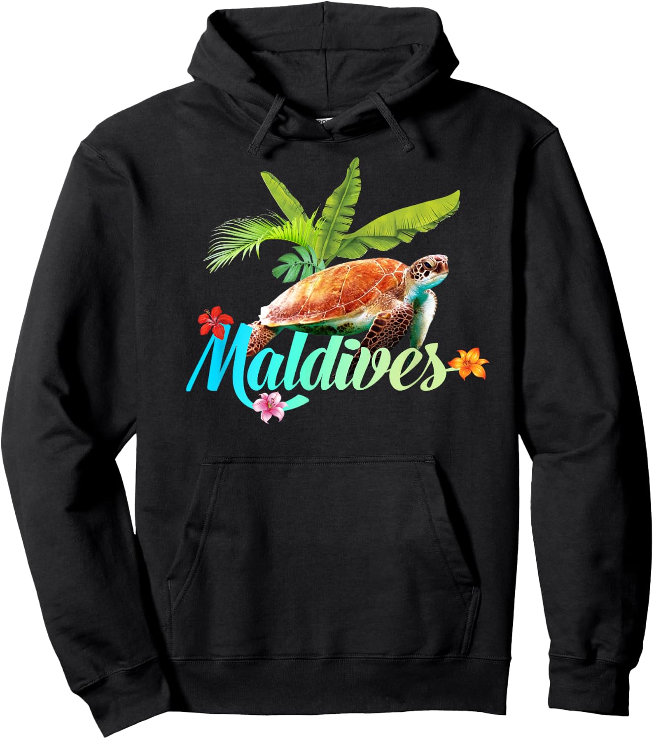 Maldives Sea Turtle Hibiscus Island Gift Beach Souvenir Palm Hoodie - Hoodie | Black