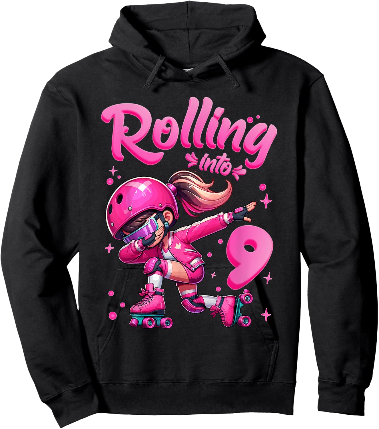 Roller Skating Girl Birthday Kids 9th Birthday Party Hoodie - Hoodie | Black