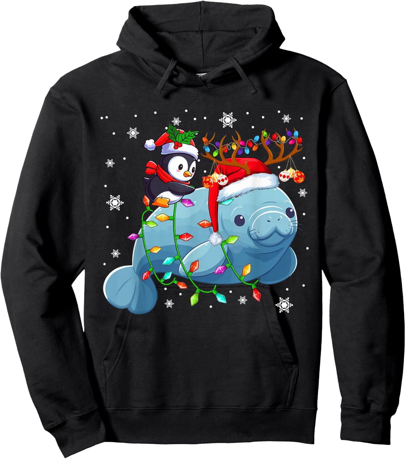 Santa Penguin Riding Reindeer Manatee Christmas Sea Animals Hoodie - Hoodie | Black