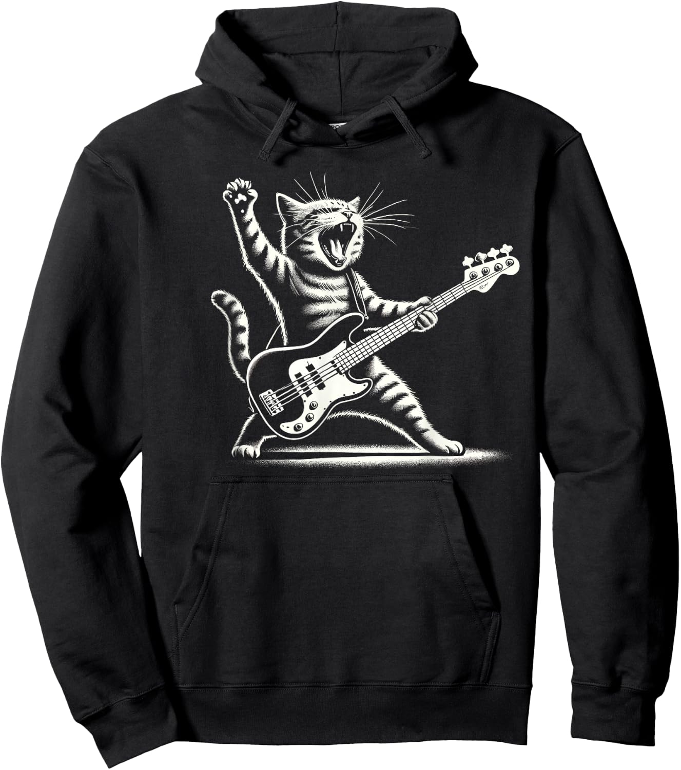 Rock Cat with Electric Bass Guitar Four Sides Bass Player , Black, S Hoodie - Hoodie | Black