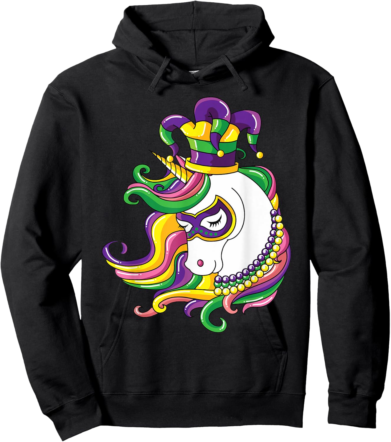 Jester Rainbow Unicorn design Mardi Gras Mask Costume Hoodie - Hoodie | Black