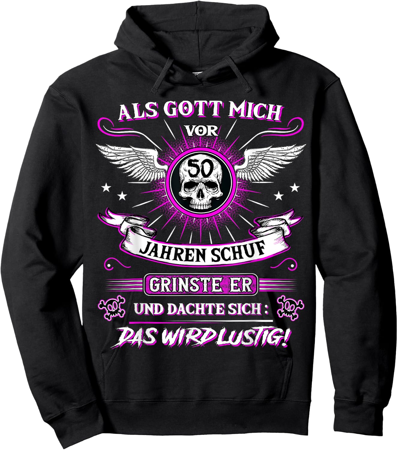 50th Birthday with German Text "Als Gott mich vor 50 Jahre schuf grinste er grins", black Hoodie - Hoodie | Black