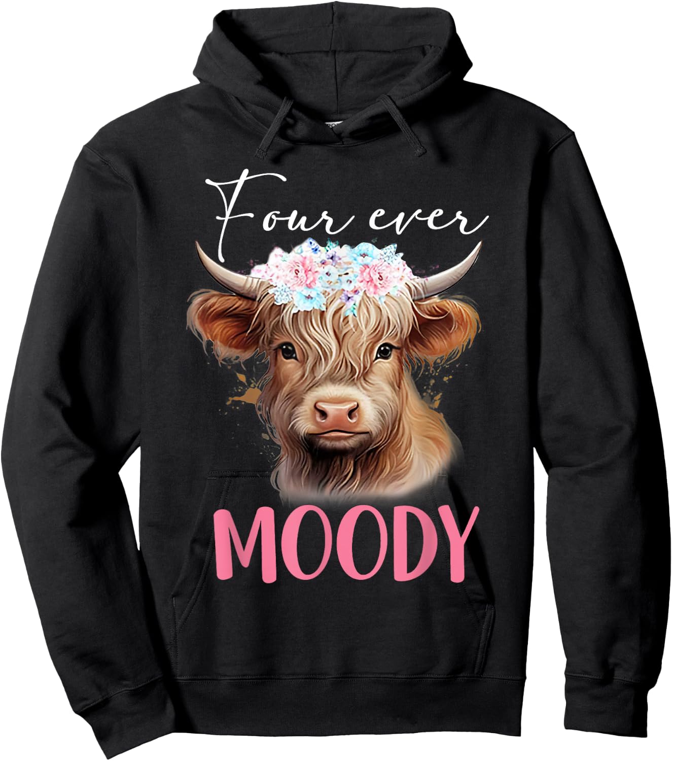 Four Ever Moody Birthday for Girls Floral Highland Cow Print Hoodie - Hoodie | Black