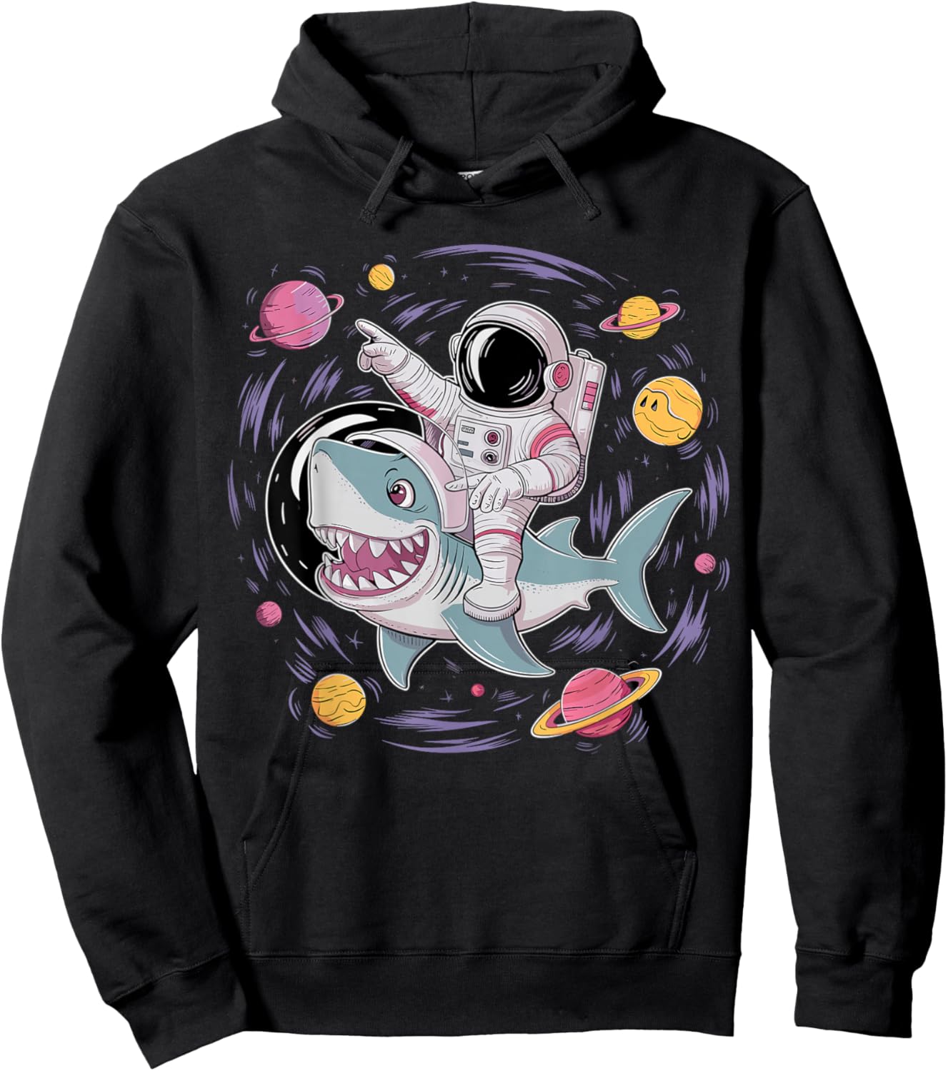Astronaut Riding Shark Birthday Party in Outer Space Hoodie - Hoodie | Black