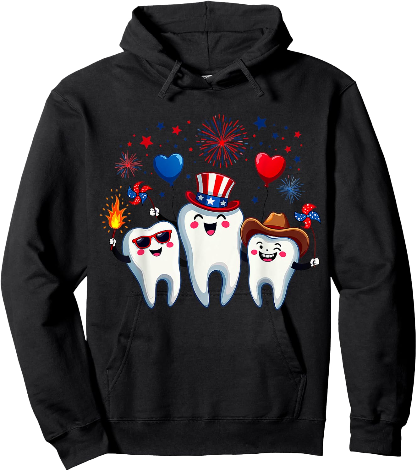 Three Teeth 4th Of July US Flag Firework Dentist Dental Team Hoodie - Hoodie | Black
