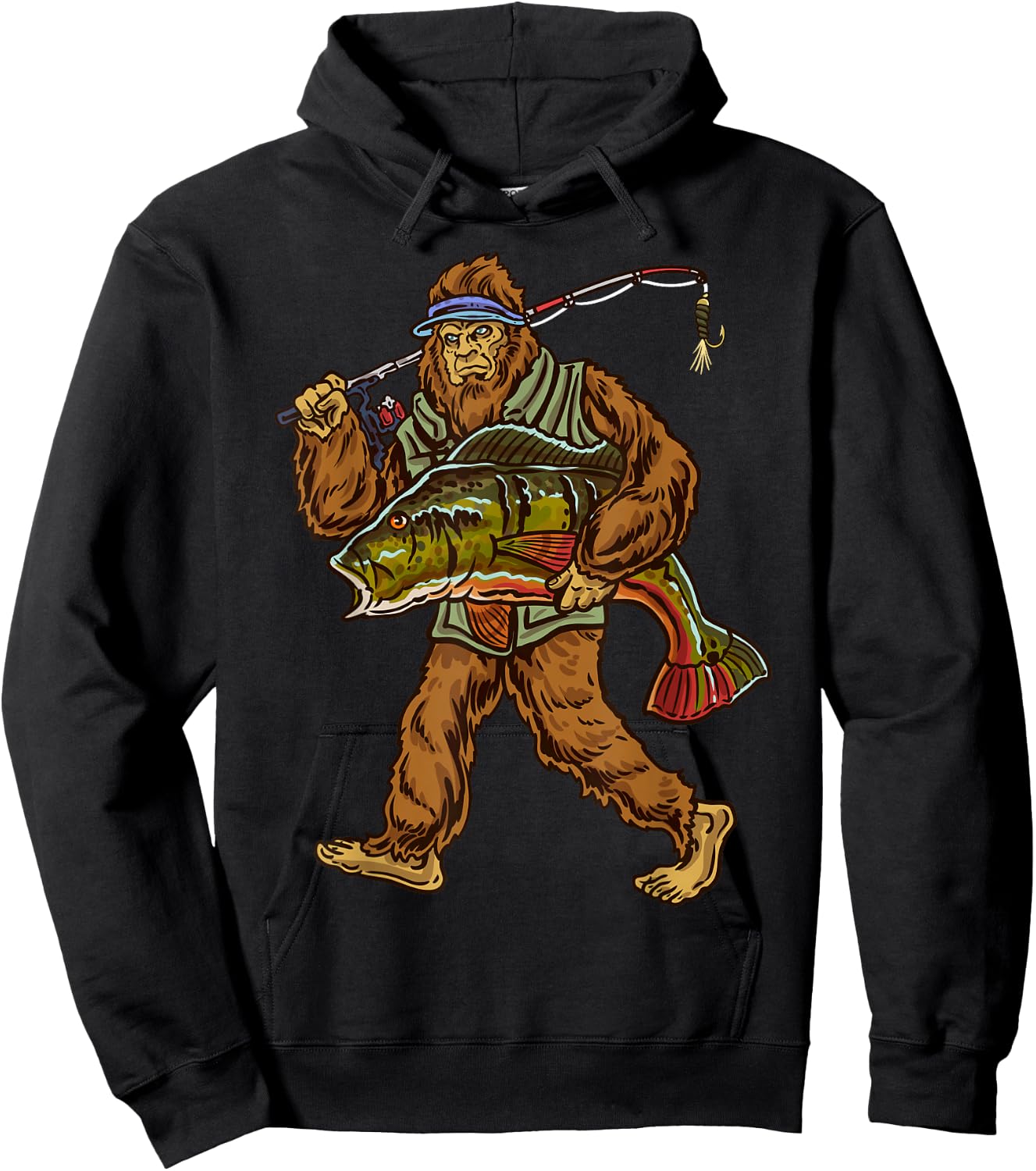 Peacock Fishing Bigfoot Bass Fisherman Hoodie - Hoodie | Black