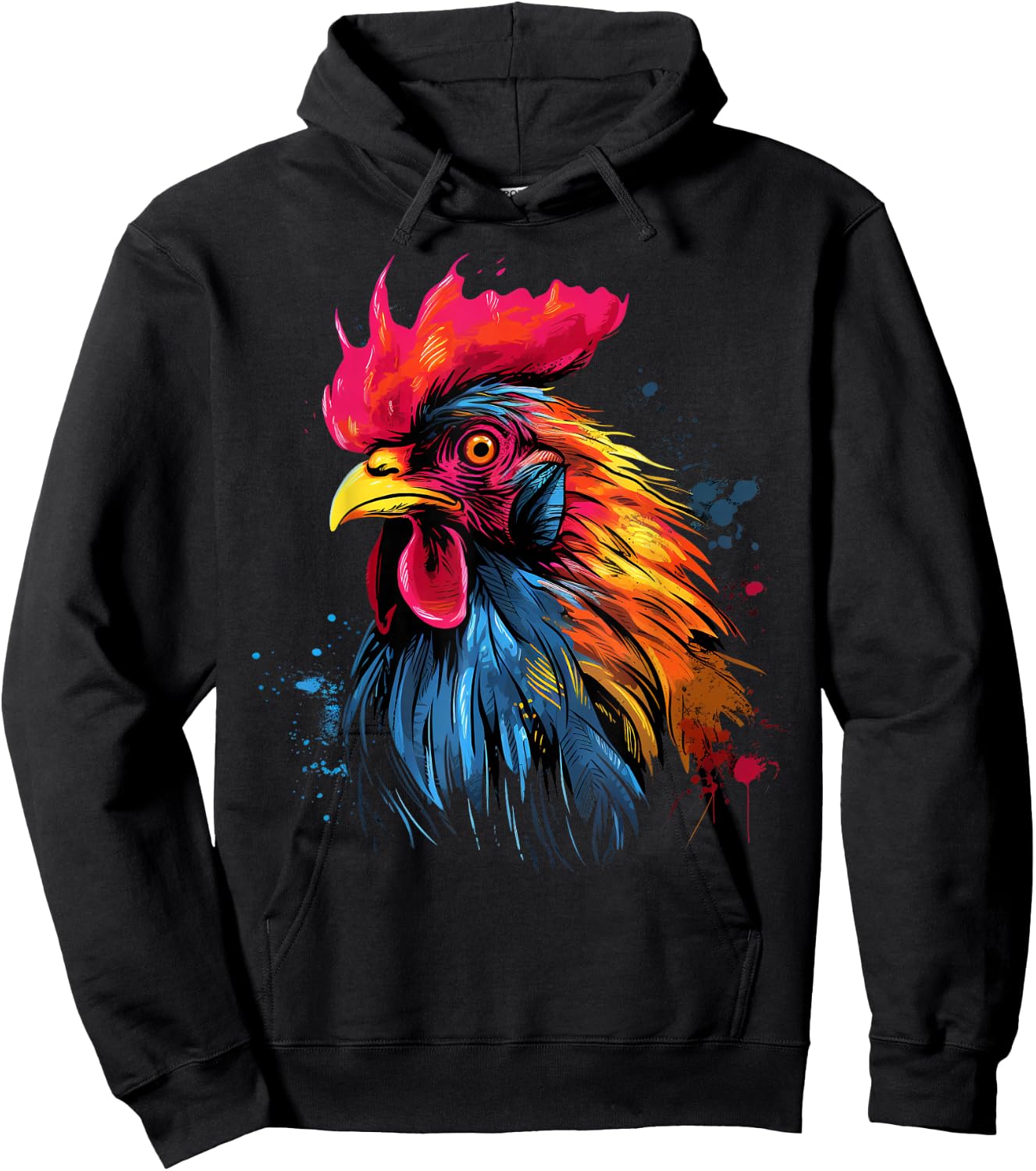 Cool Rooster on Colorful Painted Rooster Hoodie - Hoodie | Black