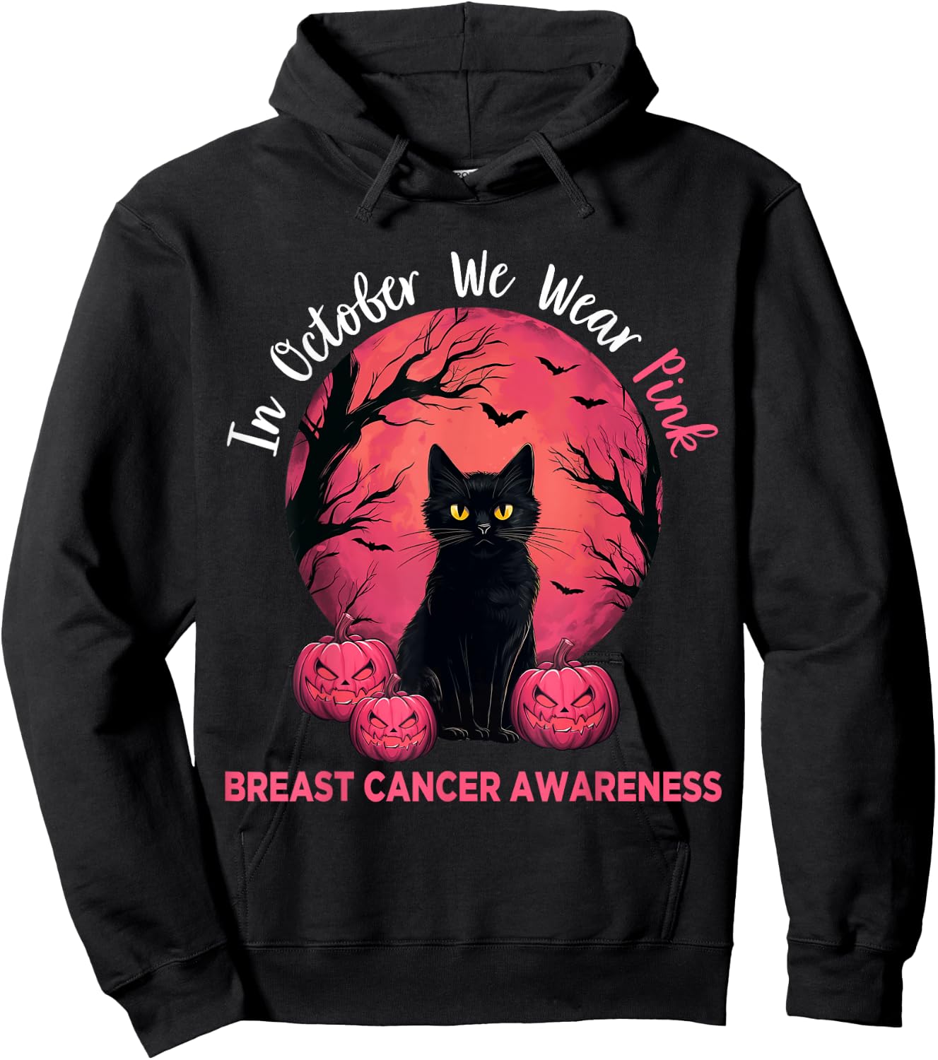 In October We Wear Pink Black Cat Breast Cancer Halloween Men Women Hoodie - Hoodie | Black