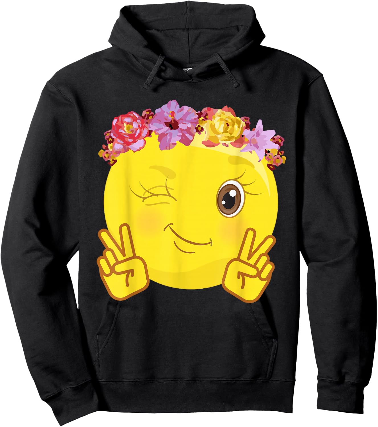 Peace Emoticon Winking Flower Crown Hoodie - Hoodie | Black