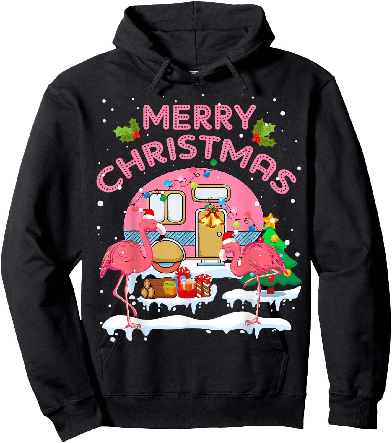 Flamingo Pink Camping Car Christmas Tree Merry Christmas Hoodie - Hoodie | Black