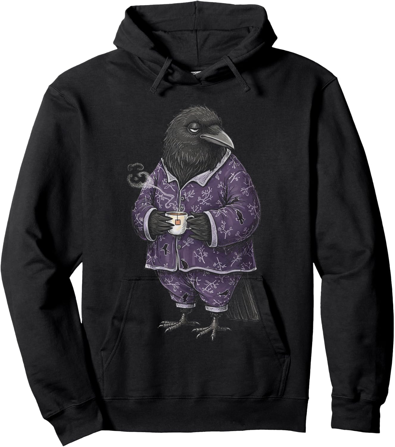 Funny Sleepy Raven With Tea Lovers Humor Pajama Hoodie - Hoodie | Black