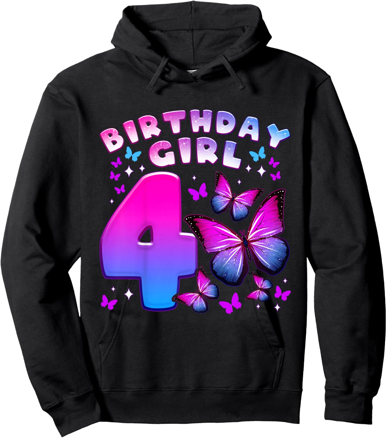 Birthday Girl 4 Years Old Butterfly Number 4 Hoodie - Hoodie | Black
