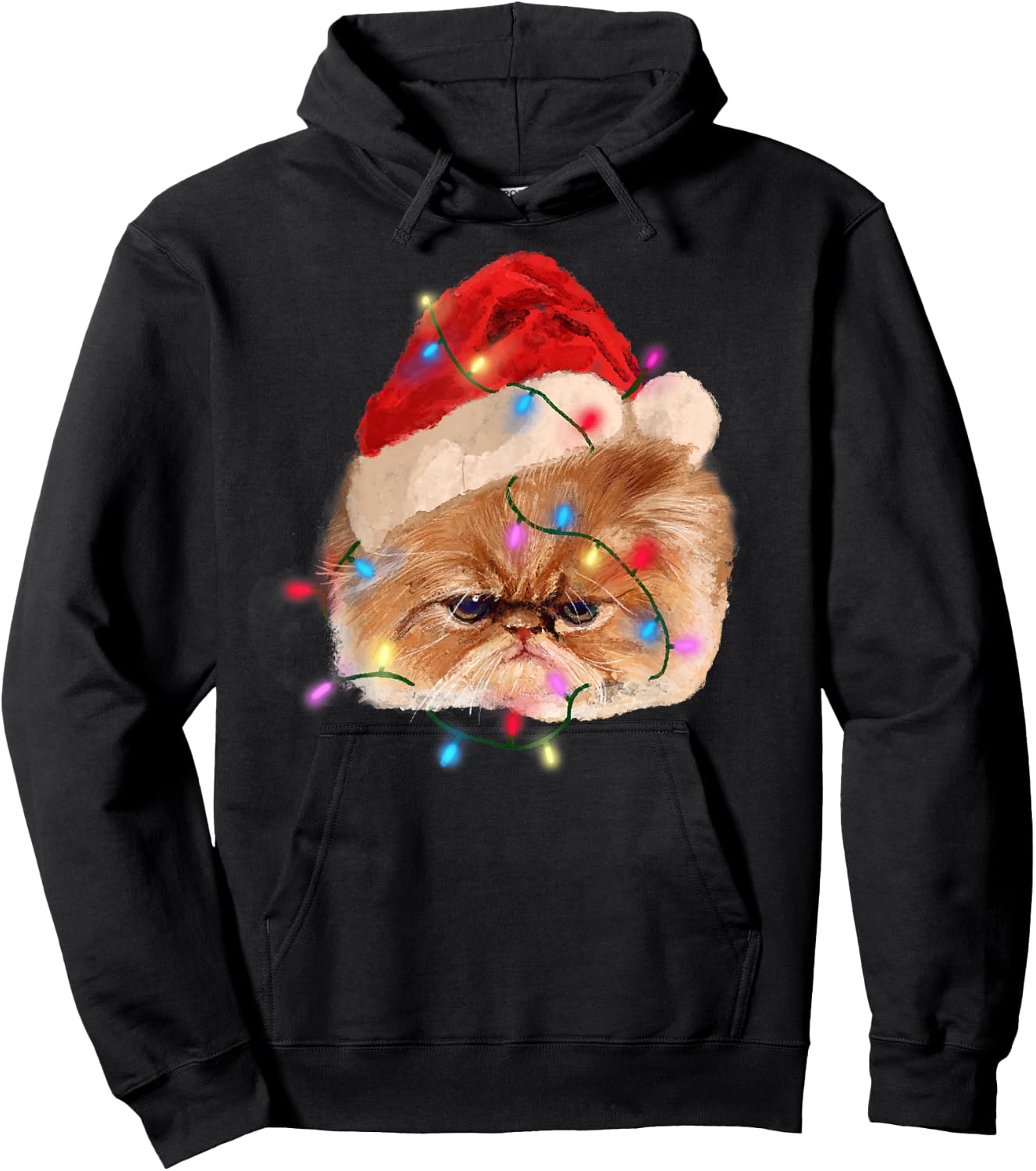 Funny Xmas Persian Cat Christmas Lights Adorable Face Fluffy Hoodie - Hoodie | Black