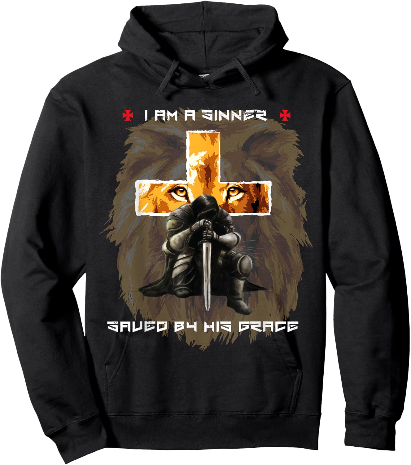 Sinner Saved By Gods Grace Christian Messages Lion Cross Hoodie - Hoodie | Black
