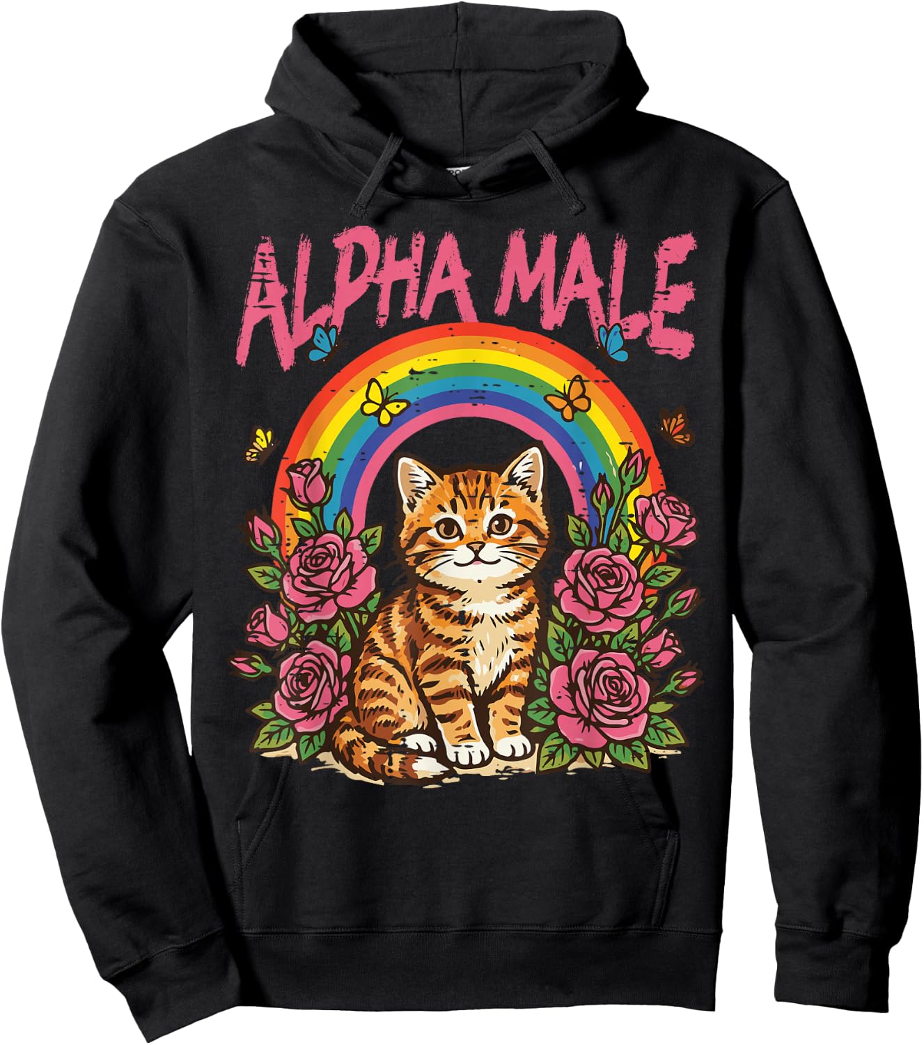 Cat Kitten Flowers Rainbow Alpha Male Funny Meme Women Men Hoodie - Hoodie | Black