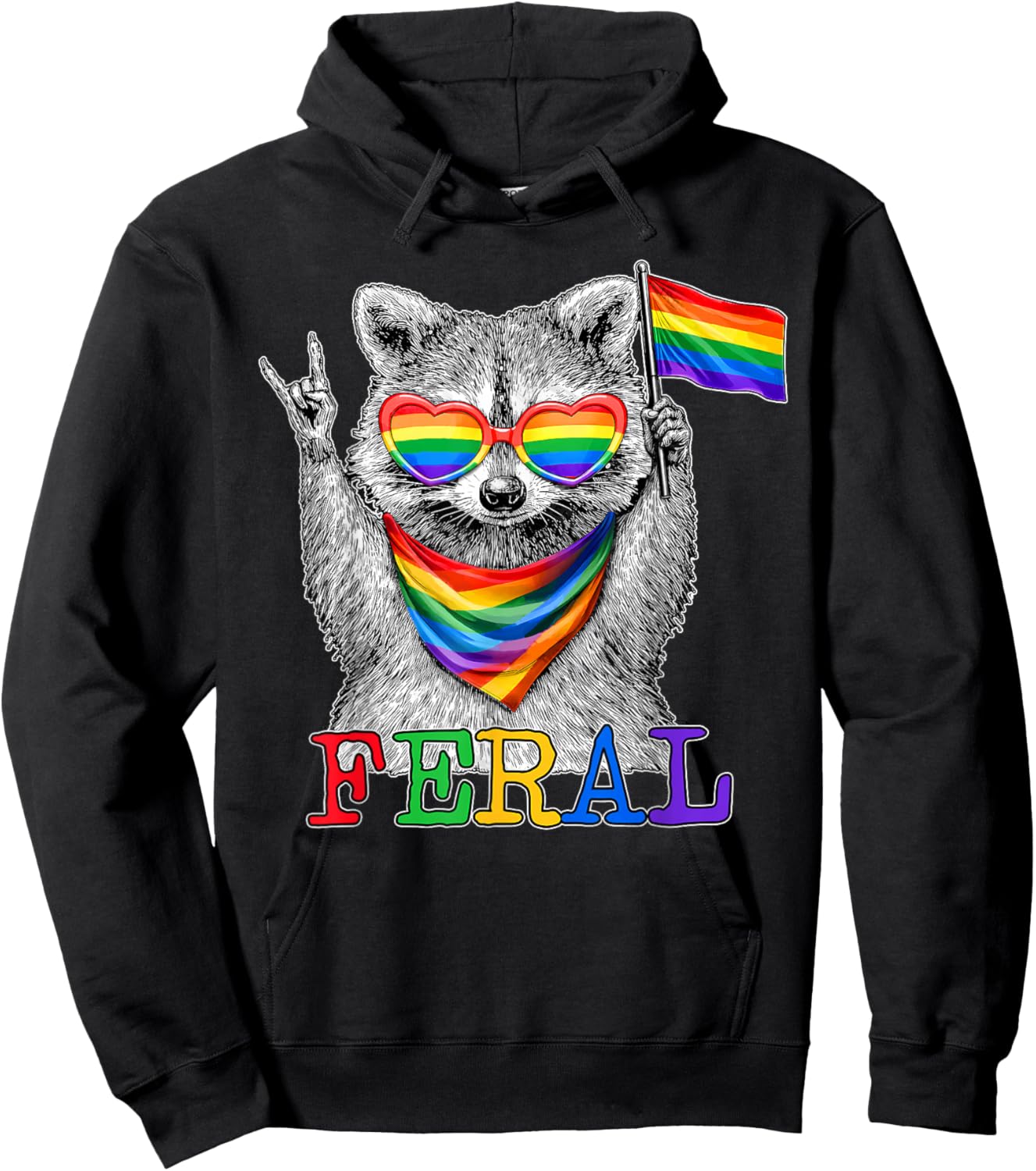 Pride LGBT Feral Raccoon Rainbow Flag Sunglasses Men Women Hoodie - Hoodie | Black