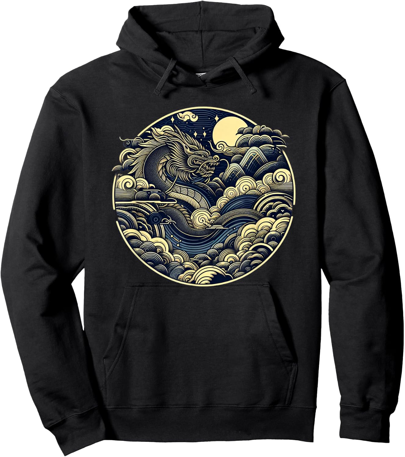 Japanese Dragon Moon Waves Ukiyo-e Style Circular Graphic Hoodie - Hoodie | Black
