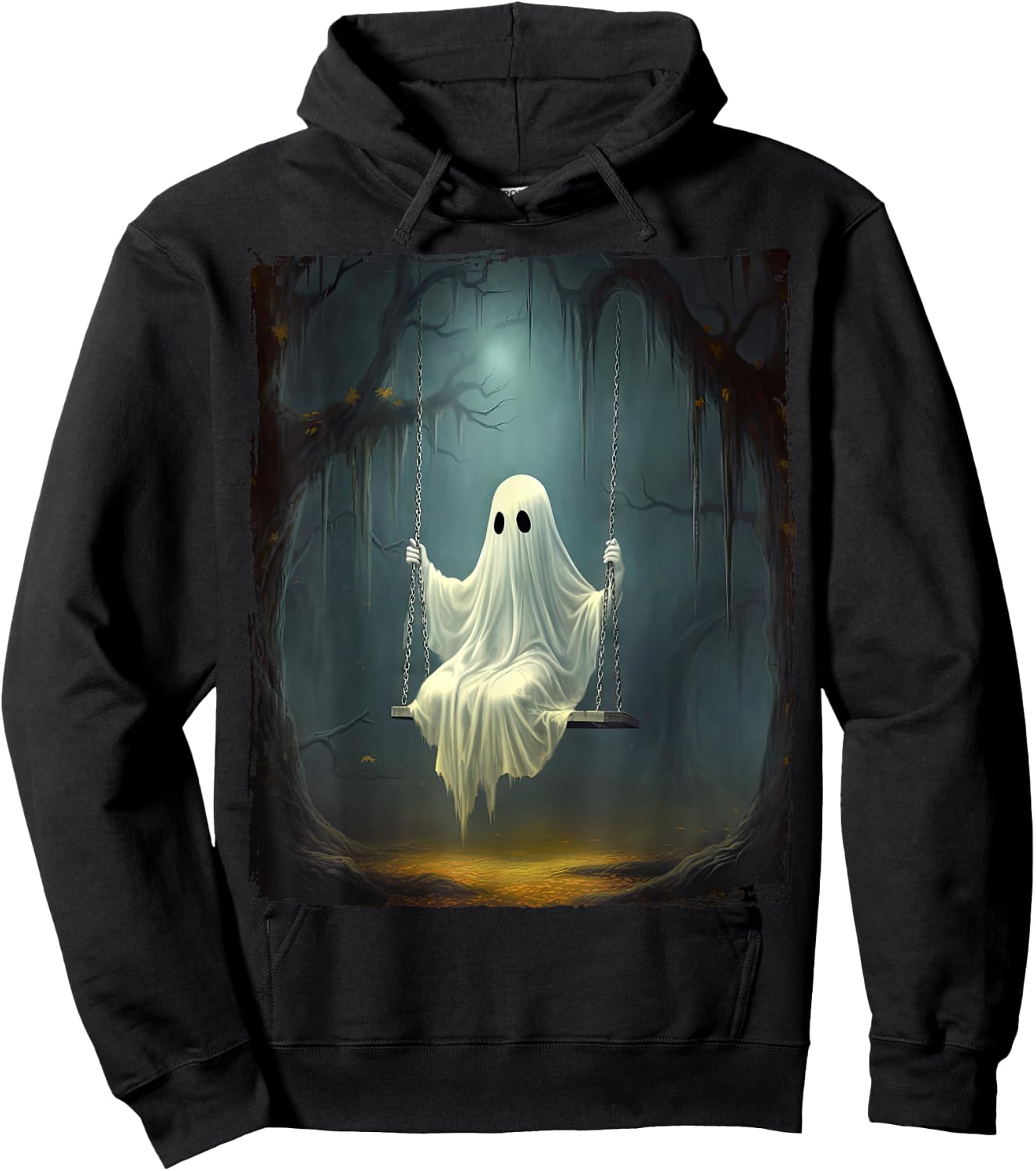 Vintage Floral Ghost On Swing In Forest Spooky Halloween Hoodie - Hoodie | Black