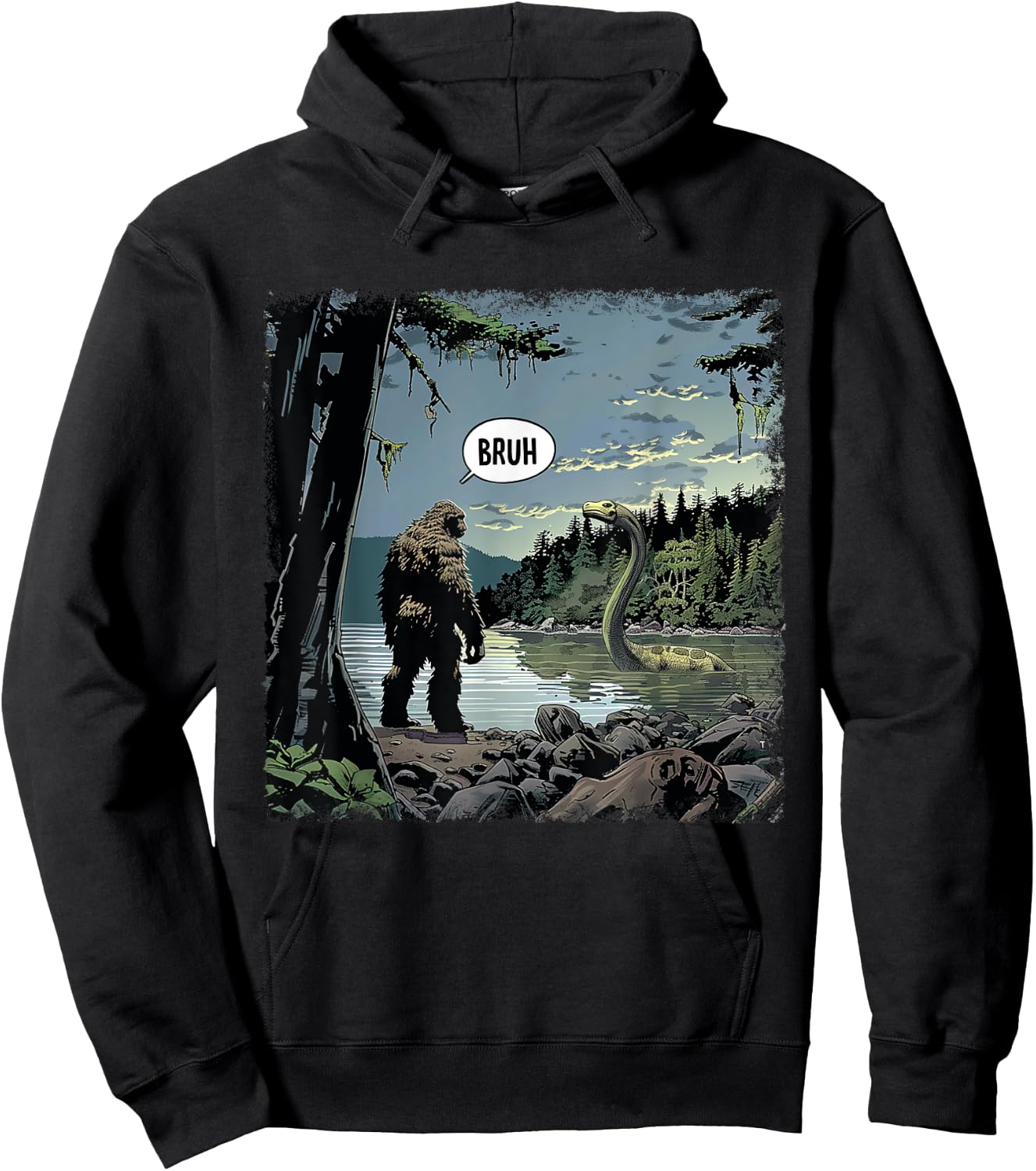 Classic Loch Ness Monster With Bigfoot Funny Animal Happily Hoodie - Hoodie | Black