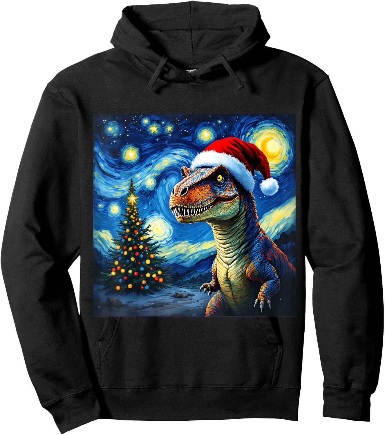 Christmas Dinosaur Santa Hat Van Gogh Starry Night Holiday Hoodie - Hoodie | Black