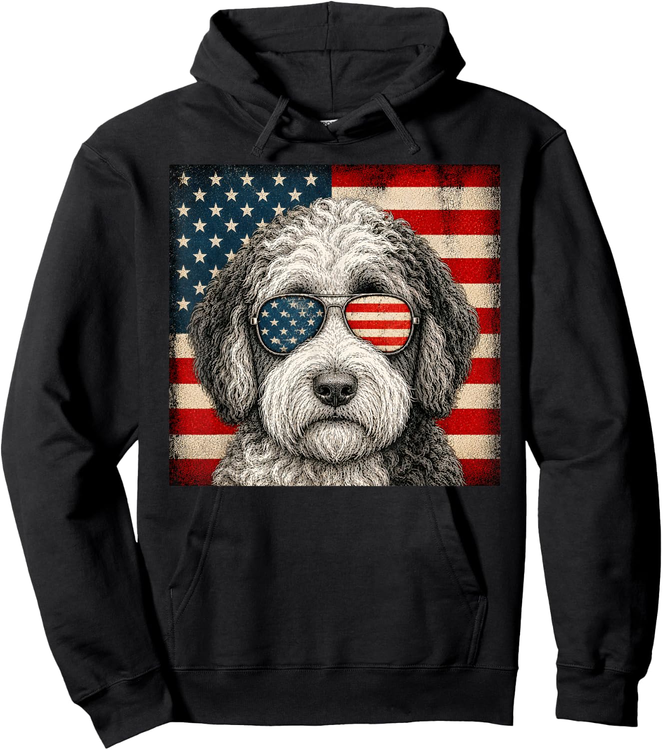 Sheepadoodle 4th of July US American Flag Dog Patriotic Hoodie - Hoodie | Black