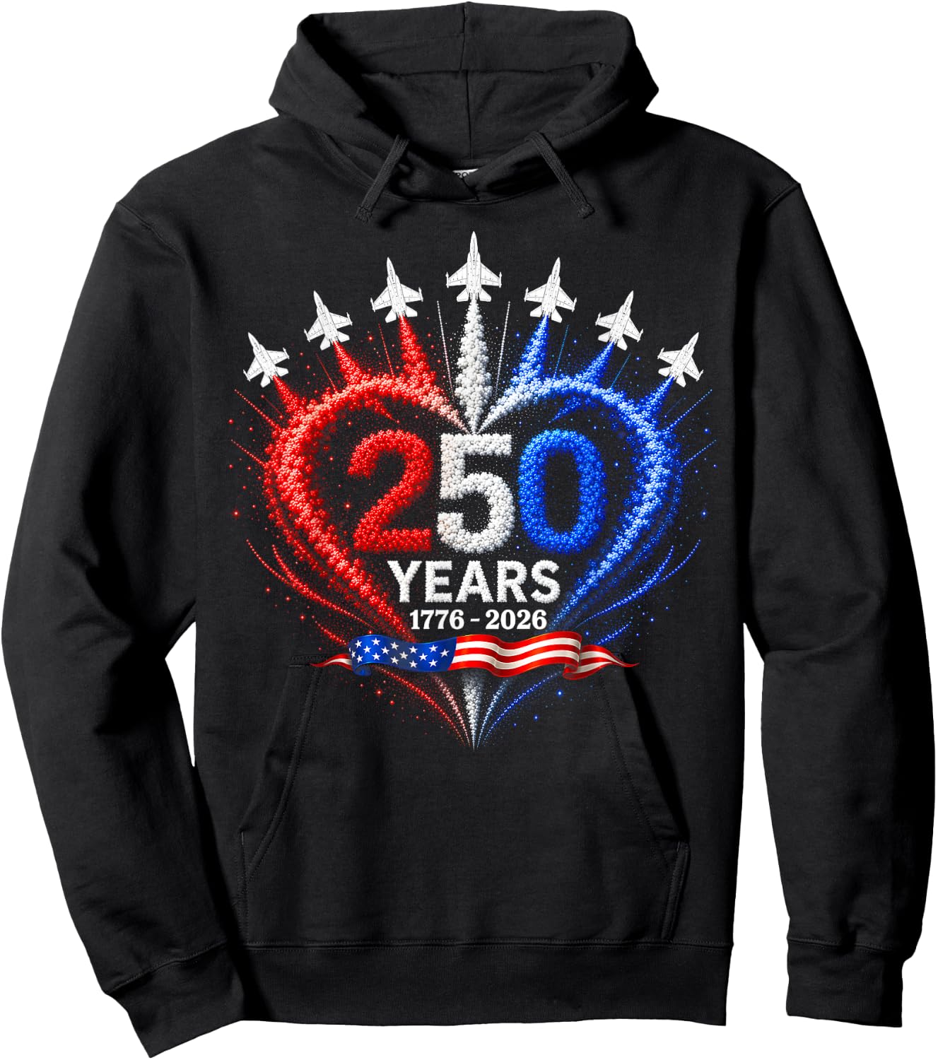 4th of July American Flag 250 Years of Freedom Heart Jets Hoodie - Hoodie | Black