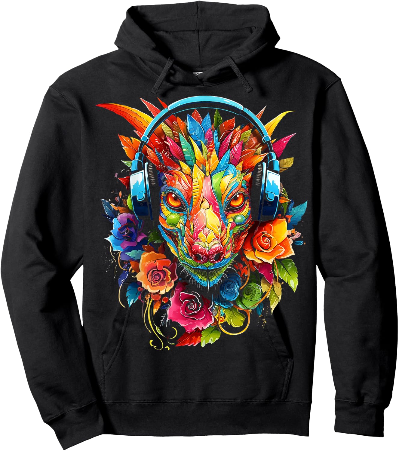 Dragon Headphones Art Colorful Flowers Graphic Anime Hoodie - Hoodie | Black
